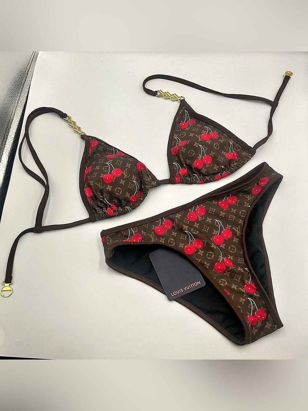 Louis Vuitton TM Cherry Print Bikini in Brown & Red size Lg 2 Piece Swim Suit